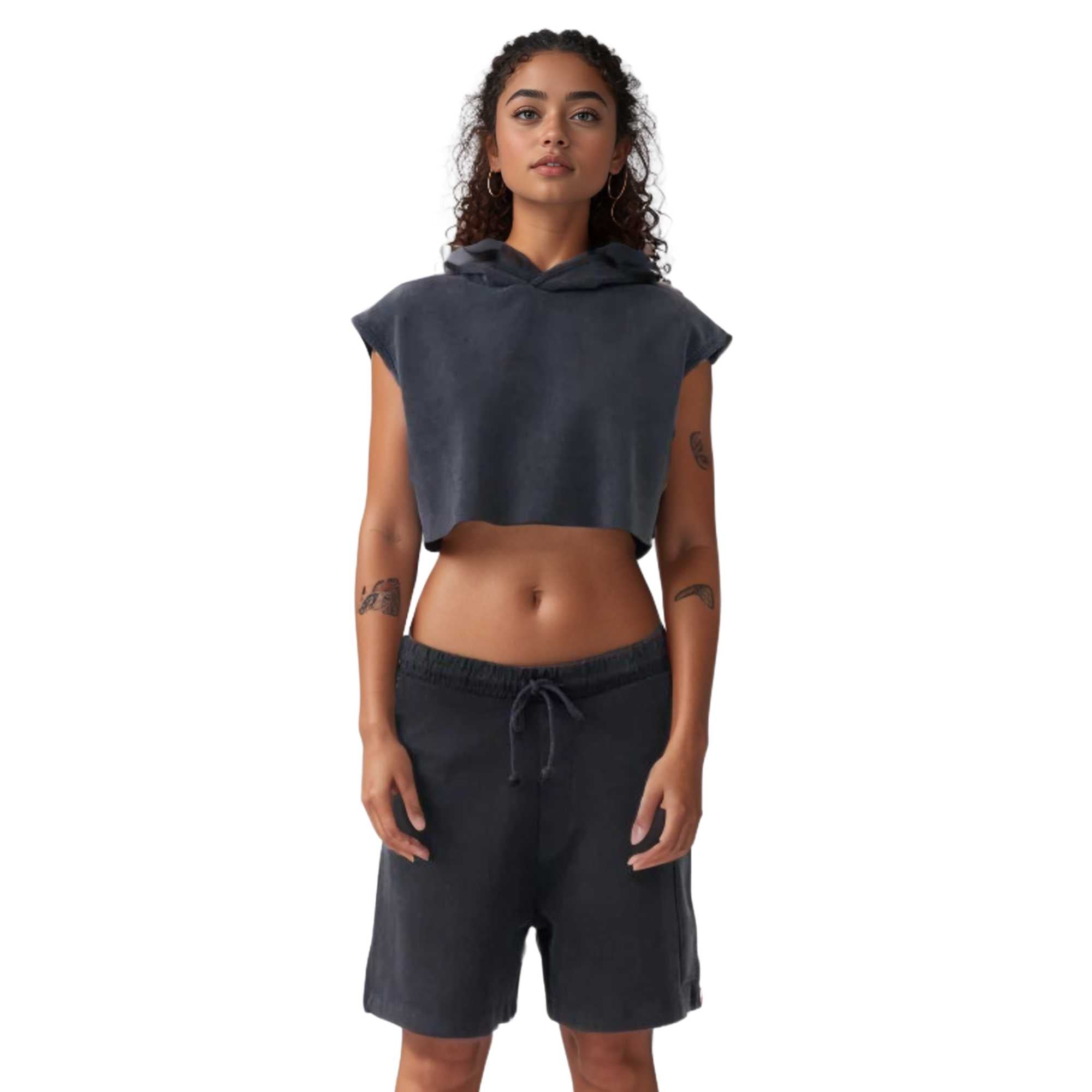 Sleeveless Cropped Hoodie Shorts Set | Distressed Athleisure - S / Black - www.upstandingapparel.com