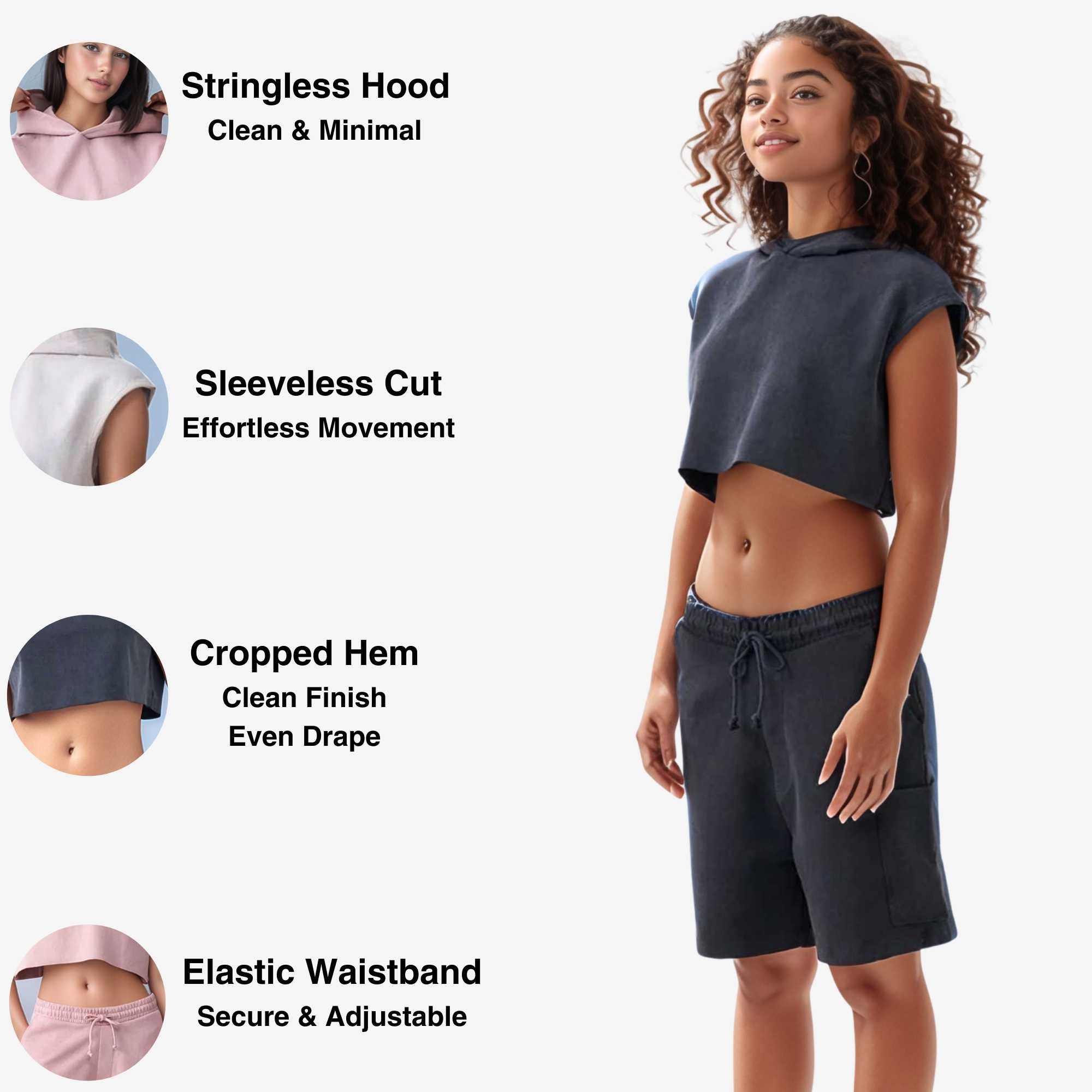 Sleeveless Cropped Hoodie Shorts Set | Distressed Athleisure - S / Beige - www.upstandingapparel.com