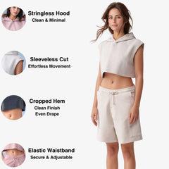 Sleeveless Cropped Hoodie Shorts Set | Distressed Athleisure - S / Beige - www.upstandingapparel.com
