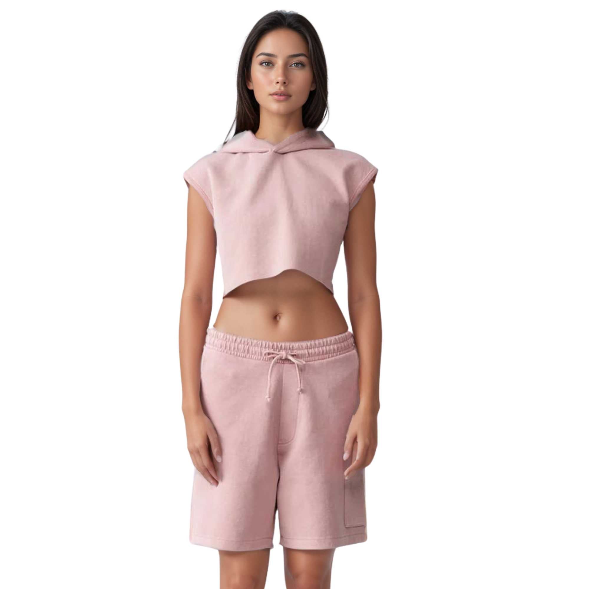 Sleeveless Cropped Hoodie Shorts Set | Distressed Athleisure - S / Pink - www.upstandingapparel.com