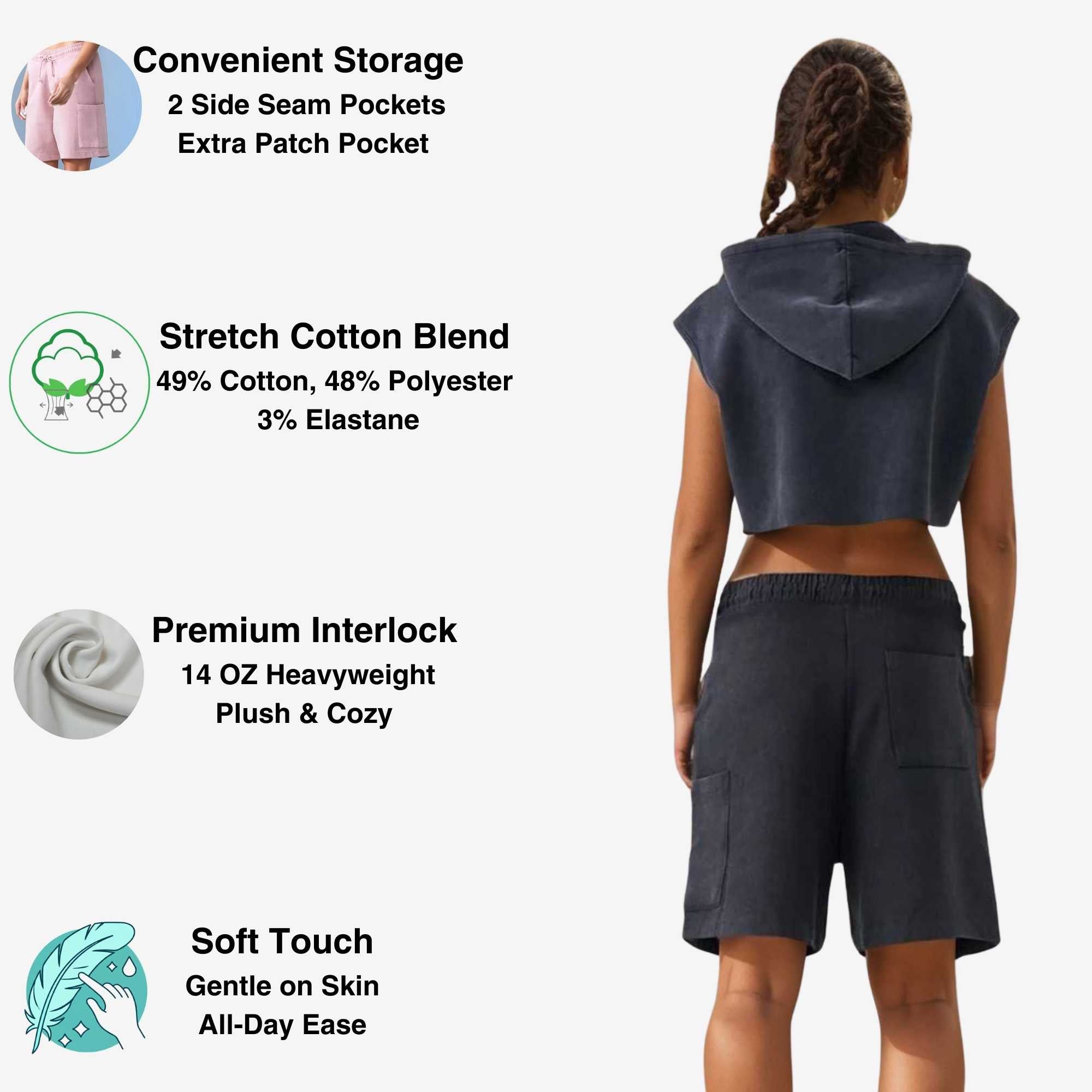 Sleeveless Cropped Hoodie Shorts Set | Distressed Athleisure - S / Beige - www.upstandingapparel.com