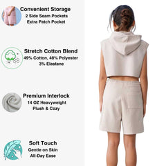 Sleeveless Cropped Hoodie Shorts Set | Distressed Athleisure - S / Beige - www.upstandingapparel.com