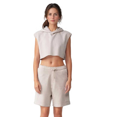 Sleeveless Cropped Hoodie Shorts Set | Distressed Athleisure - S / Beige - www.upstandingapparel.com