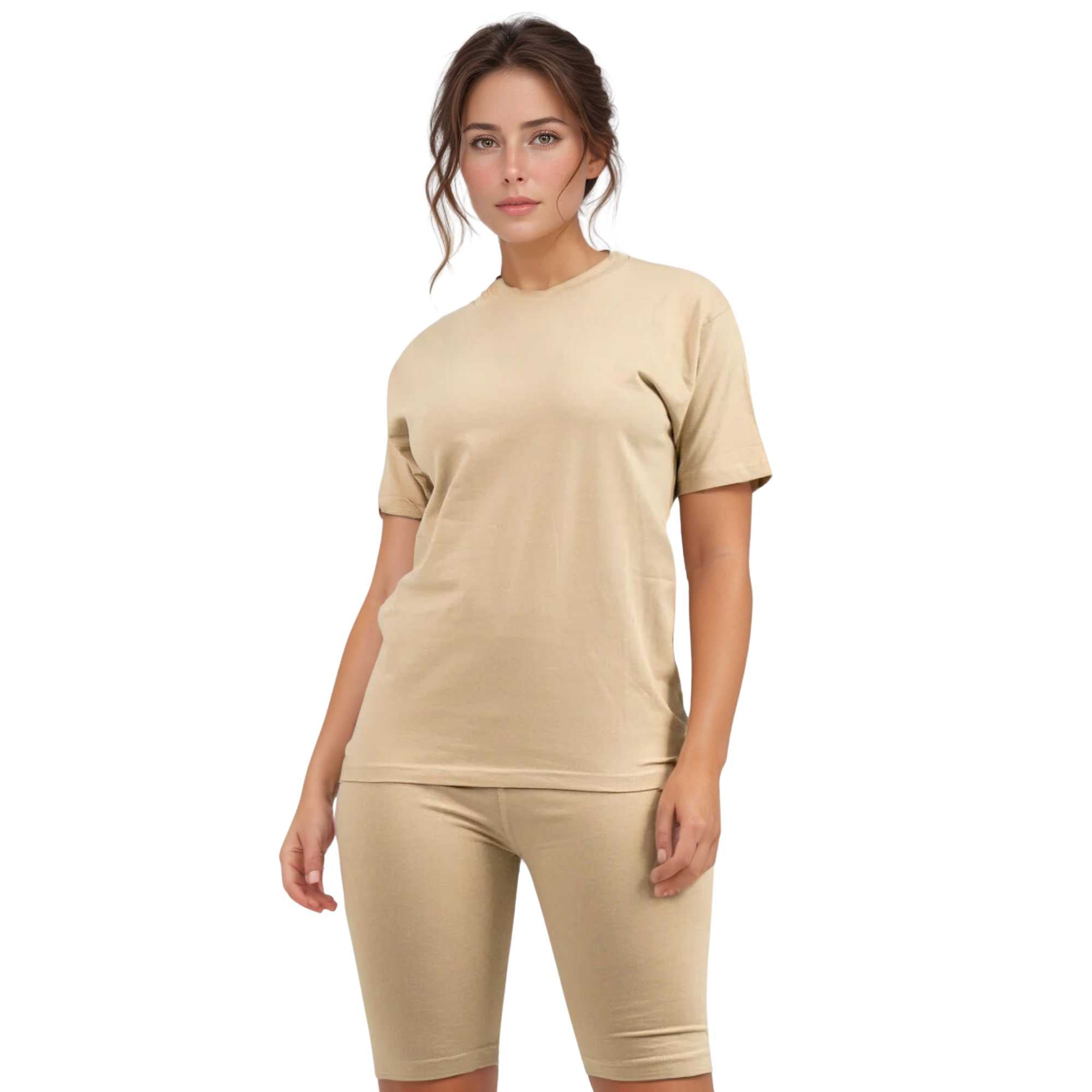 Women's T-Shirt & Biker Short Set | High-Waist, Flexible Fit - XS / Sand - www.upstandingapparel.com